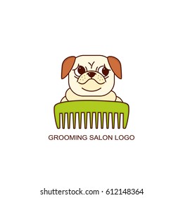 Line style colored vector illustration with dog with comb. Linear pug icon. Grooming salon logo.