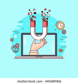 Line style colorful vector illustration concept for digital marketing, social campaign, engaging with followers isolated on bright background