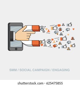 Line style colorful vector illustration concept for digital marketing, social campaign, engaging with followers isolated on stylish background