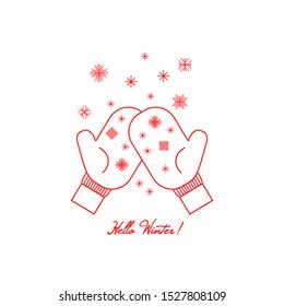 Line style concept of winter theme. Mittens and snow flakes. Vector design for card, poster, banner.