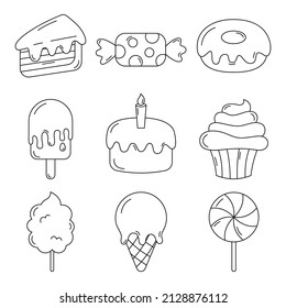 estilo línea lindo valentines dulces corazón lollipop dulce íconos de hielo aislados en fondo blanco. Ilustración vectorial.