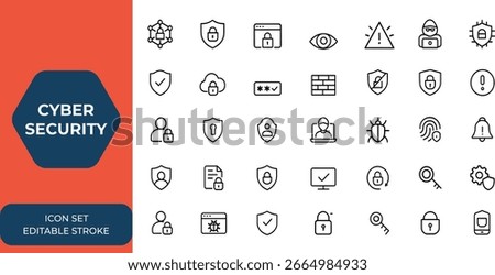 Line style cyber security icon set for web and mobile apps: network protection, data security, password key, shield lock, eye access, spam defense, hacker prevention, technology safeguard and more.