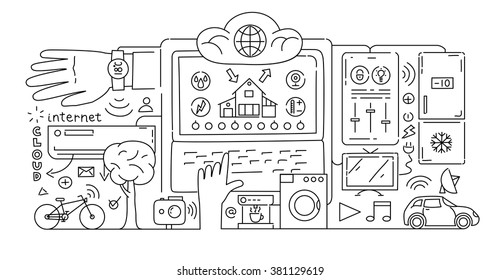 Line style design concept of internet of things data technology, network infrastructure of connecting everything