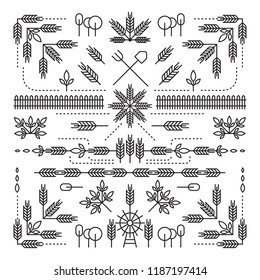 Line Style Design Element Set, Farm Concept, Wheat, Barley, Rice, Tree, Leaves