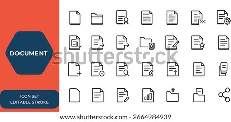 Line Style Document Icon Set: Editable Stroke Collection of File, Folder, Certificate, Invoice, Paper, Text, Image, Format, Management, Share Linear Icons, Office Tools, Data, Digital, Workflow