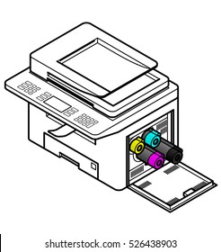 Line Style Drawing Of A Multifunction Office Laser Printer.  Showing Toner Cartridges Being Removed / Installed. 
