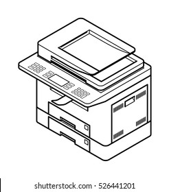 Line style drawing of a multifunction office laser printer. With 2 paper trays.
