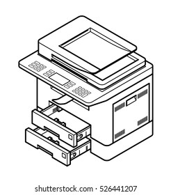 Line style drawing of a multifunction office laser printer. With 2 paper trays opened.
