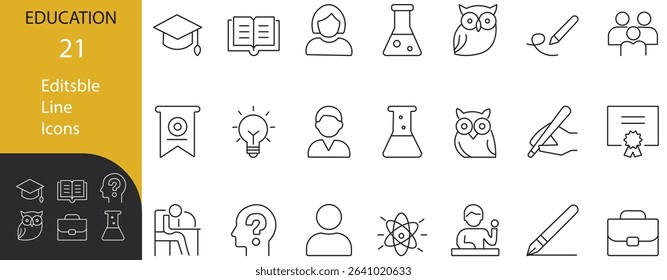 Line style education icon set featuring graduation, learning, science, teacher, writing, certificate, and student concepts. Ideal for e-learning and academic use.