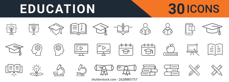 Line Style Education Icons Set with Graduation Hats, Books, Online Learning, Certificates, Reading, and School-Related Elements