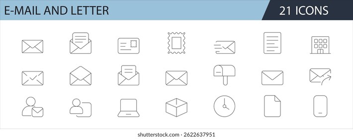 Line style e-mail and letter icons set featuring inbox, mail, stamp, documents, communication, and digital devices. Perfect for communication tools, apps, and websites.

