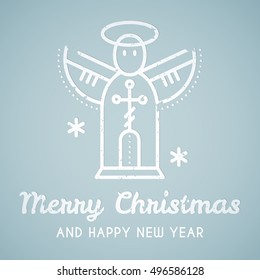 Line style emblem with stylized angel. Minimalistic outlined Merry Christmas and Happy New Year greeting card template. Pastel blue tints