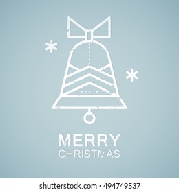 Line style emblem with stylized jingle bell. Minimalistic outlined Merry Christmas greeting card template. Pastel blue tints