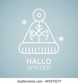 Line style emblem with stylized woolen winter hat. Minimalistic outlined Hallo Winter greeting card template. Pastel blue tints