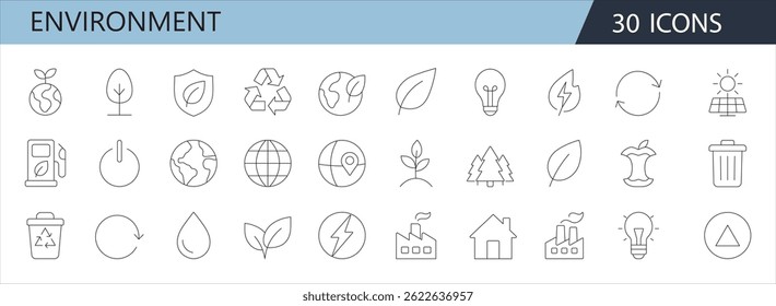 Line style environment icons for sustainability, recycling, renewable energy, nature, and eco-friendly concepts. Perfect for eco-focused businesses, apps, and presentations.

