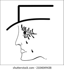 Line style, expressive female face wearing hat with large eyelashes on white background