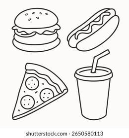 Line style fast food icon set including a hot dog, hamburger, soda cup with a straw, and a slice of pepperoni pizza. Simple outline style American fast food theme.