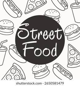 Line style fast food logo including a hot dog, hamburger, soda cup with a straw, and a slice of pepperoni pizza. Simple outline style with warm colors American fast food theme.