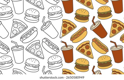 Line style fast food patterns including a hot dog, hamburger, soda cup with a straw, and a slice of pepperoni pizza. Simple outline style with warm colors American fast food theme.
