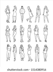 Line Style Figures Illustration. Fashionable Female Character Set. Hand Drawn Style Vector Design Illustrations. 