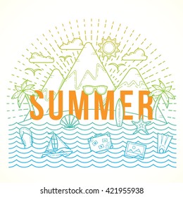 Line Style Flat Vector Color Summer Illustration with Isle, Ocean, Mountains, Palm Trees, Shell, Yacht and Travel Icons. Isolated.