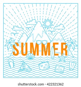 Line Style Flat Vector Summer Card or Background Template with Isle, Ocean, Mountains, Palm Trees and Travel Icons. Isolated.