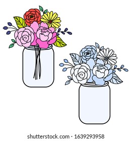 Line style floral bouquet in a maison jars vector illustration.