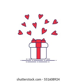 Line style gift box icon with hearts.
Can be used in infographic, advertising, for Valentine's and birthday cards.
Vector illustration.