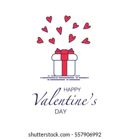 Line style gift box icon with hearts.
Happy Valentine's day lettering.
Can be used in infographic, advertising, for Valentines and birthday cards.
Vector illustration.