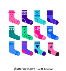 Line style gift socks set. Vector design. Isolated on background. Xmas theme. Bright colorful illustration.