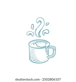Line style green cup of hot coffee, tea or cacao drink. Icon. Isolated