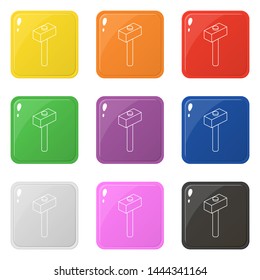 Line style hammer icons set 9 colors isolated on white. Collection of glossy square colorful buttons. Vector illustration for any design.