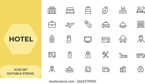 Ícone de hotel em estilo de linha definido para aplicativos móveis e da Web. Ícones de férias, viagens, descanso, relaxamento e serviços de hotel. Ilustração vetorial para turismo e hospitalidade e muito mais.