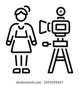 A line style icon of a character standing in front of recording camera 