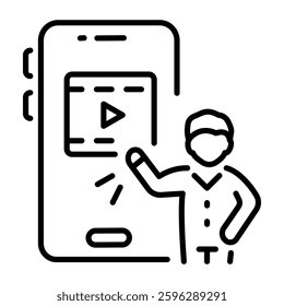 A line style icon of a character using social media on mobile 