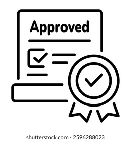 A line style icon of claim approval paper with tick mark ribbon 