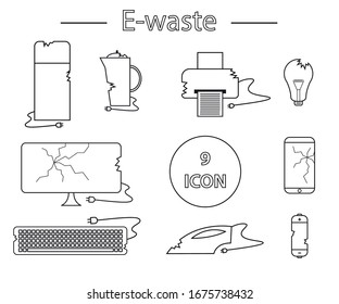 Line style icon collection - black and white e-waste elements. Electrical waste symbols collection -  computer; phone; kettle; printer; monitor; broken glass; iron, battery, keyboard, light bulb.
