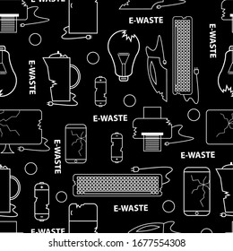 Line style icon collection - e-waste elements. Seamless pattern white on black background. Symbols collection -  computer; phone; kettle; printer; monitor; broken glass; iron, battery, keyboard.