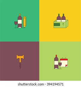 Line style icon collection - wine design elements. Vineyard symbols collection including bottle, glass, grape, barrel, corkscrew. Set of design elements for wineries, restaurants and wine shops. 