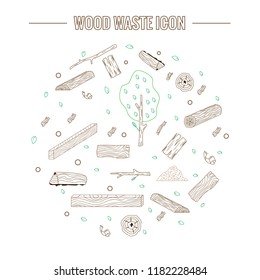 Line style icon collection - wood waste elements. Symbols collection - 
sawed wood, sawdust, wood chips, croaker, tree branches, wood board, bark, tree. 