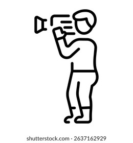 A line style icon depicting a character doing cinematography 