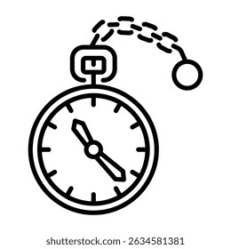 A line style icon depicting a pocket watch 