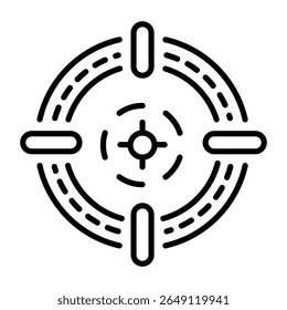 Um ícone de estilo de linha que representa uma mira de escopo 