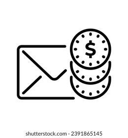 diseño de icono de estilo de línea de correo electrónico y pila de monedas para notificación de pago