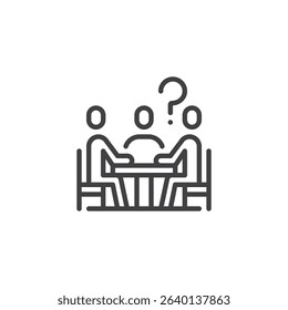 Line style icon of a group around a question mark, representing problem-solving or decision-making in a team. This outline vector icon is ideal as a collaboration symbol. Logo icon graphic.