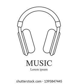 Line style icon of headphone. Music logo template. Recording studio label. Radio badge with sample text. Clean and modern vector illustration for design, web.