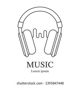 Line style icon of headphone with sound wave. Music logo template. Recording studio label. Radio badge with sample text. Clean and modern vector illustration for design, web.