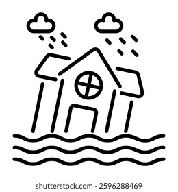 A line style icon of hose floating on water showing flood destruction 