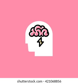 Line style icon of human head with brain on pink background. Brainstorming creative logo