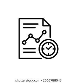 A line style icon of a paper document, stats, and time.